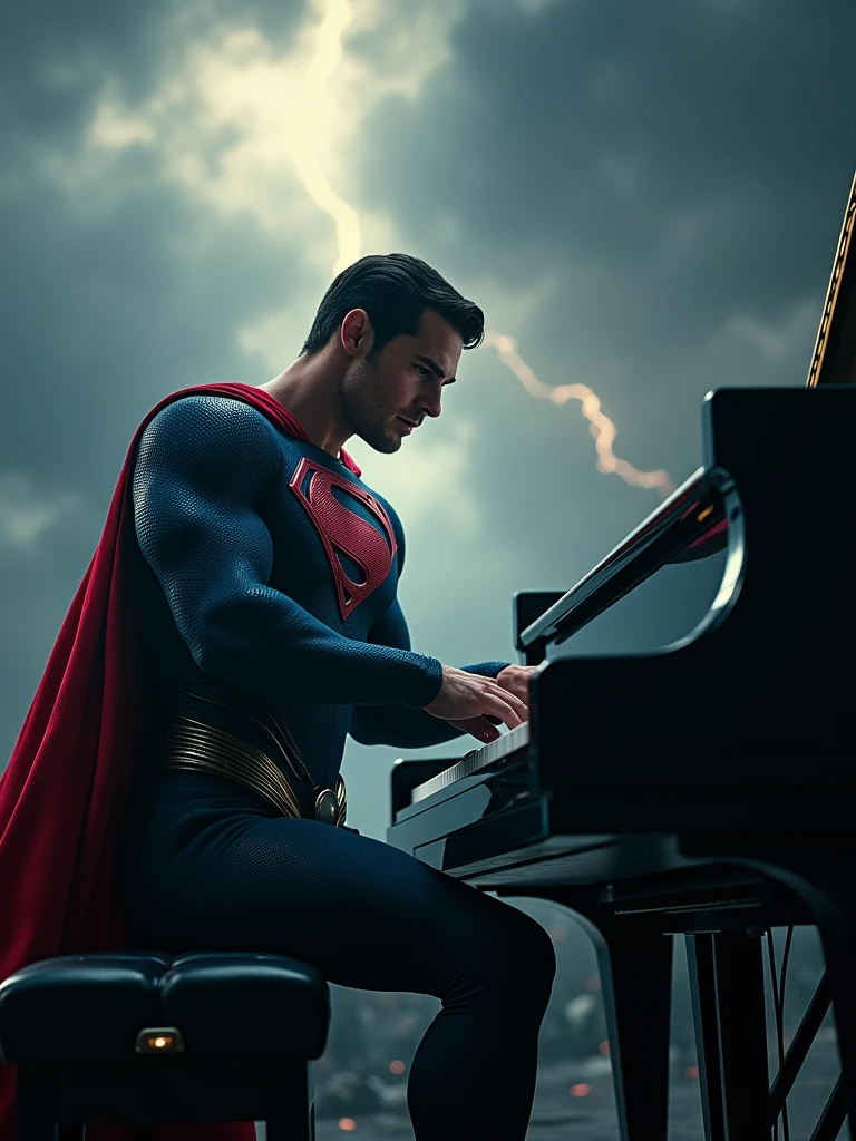 Rock Superman marvel by playing the piano with a thunder background and a very rock vibes.