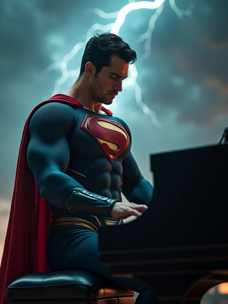 Rock Superman marvel by playing the piano with a thunder background and a very rock vibes.
