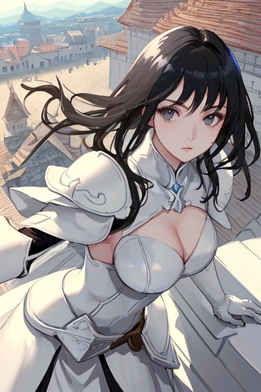 Woman, white armor with a lot of exposure, black hair, leaning forward, cleavage, high-cut, low-angle view gazing at the camera, rooftop of a Western castle, sunny day, high-resolution, alluring