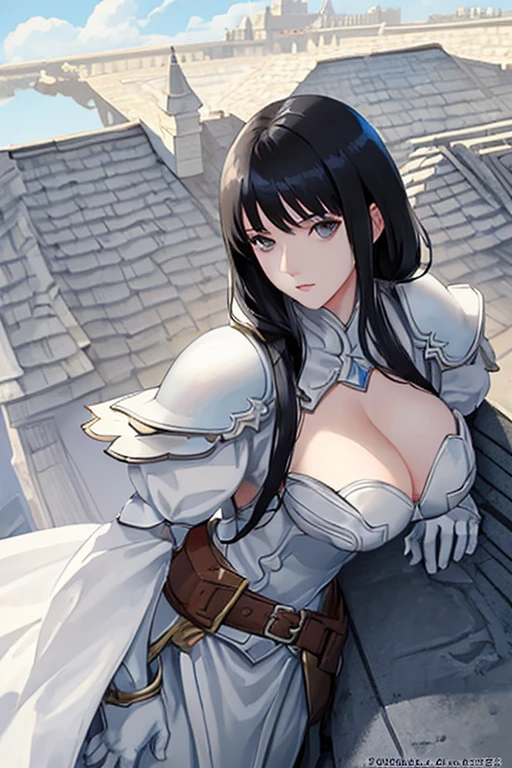 Woman, white armor with a lot of exposure, black hair, leaning forward, cleavage, high-cut, low-angle view gazing at the camera, rooftop of a Western castle, sunny day, high-resolution, alluring