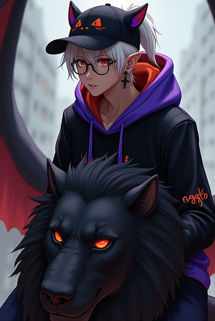 young man, Black skin tone, dark red eyes, elf ear small size, black earring in the shape of a cross but with two ears, wears prescription glasses, White hair, hair tied with ponytail, 2 strands of hair in the front, wears a black cap with a cat face, wears a closed hood with two different colors, black on one side and purple on the other, with an orange name written: NGGTO. Riding a red-eyed black lion with wings.