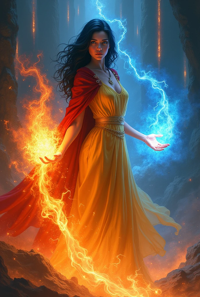 Davy of Fire, Blooming with Flame: black hair, blue eyes, yellow dress, scarlet cloak, red flames and blue flames come from the hands of the devi and swirl around her; the background is black, Ascending lightning