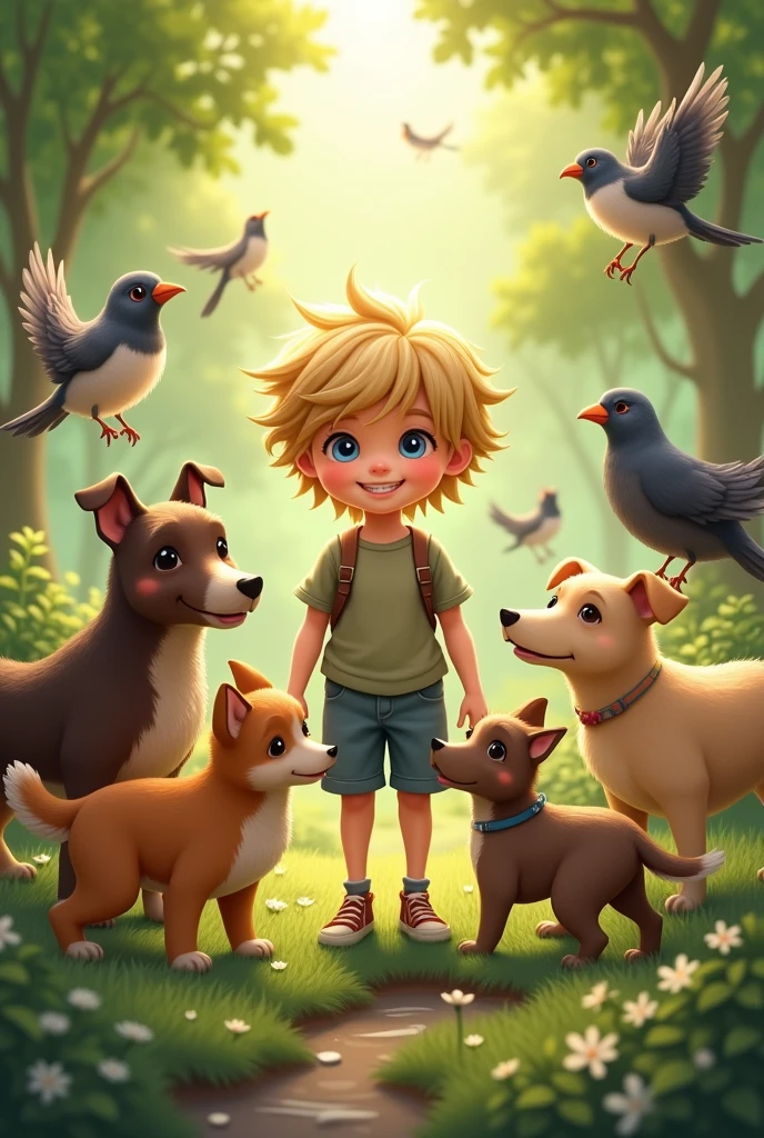 create an image of a boy with blond hair and a slightly high mushroom-shaped fringe and several dogs and birds around him