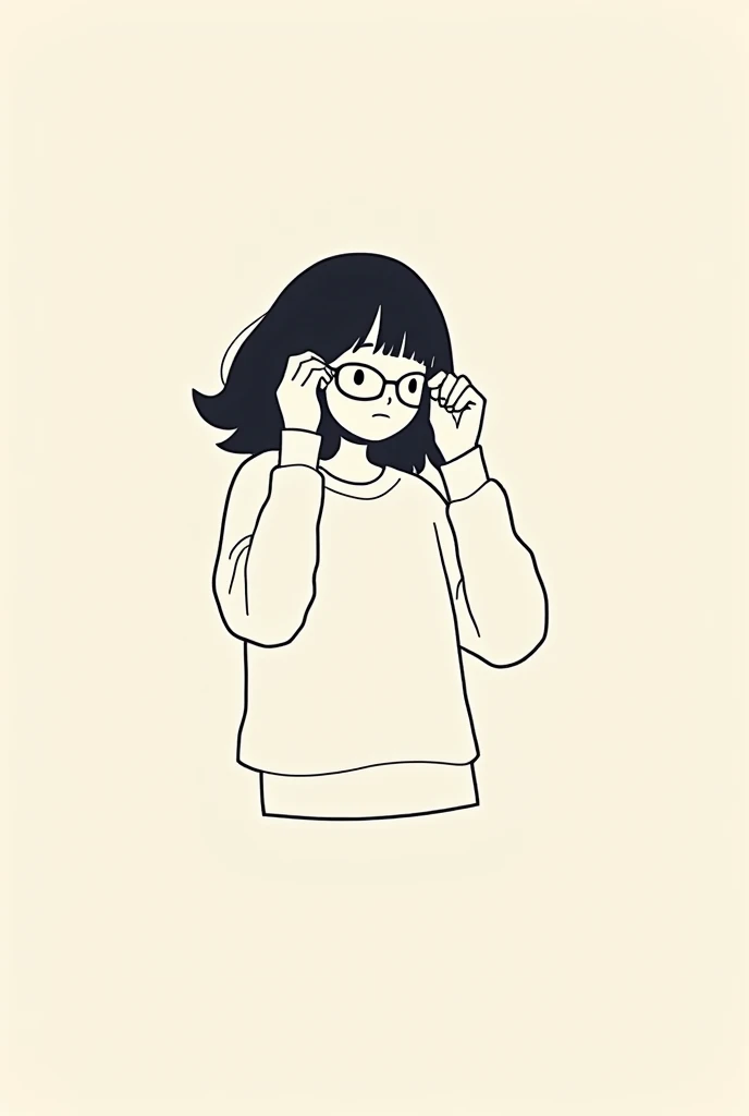 In the foreground he draws a girl, super simple, 
putting on glasses
