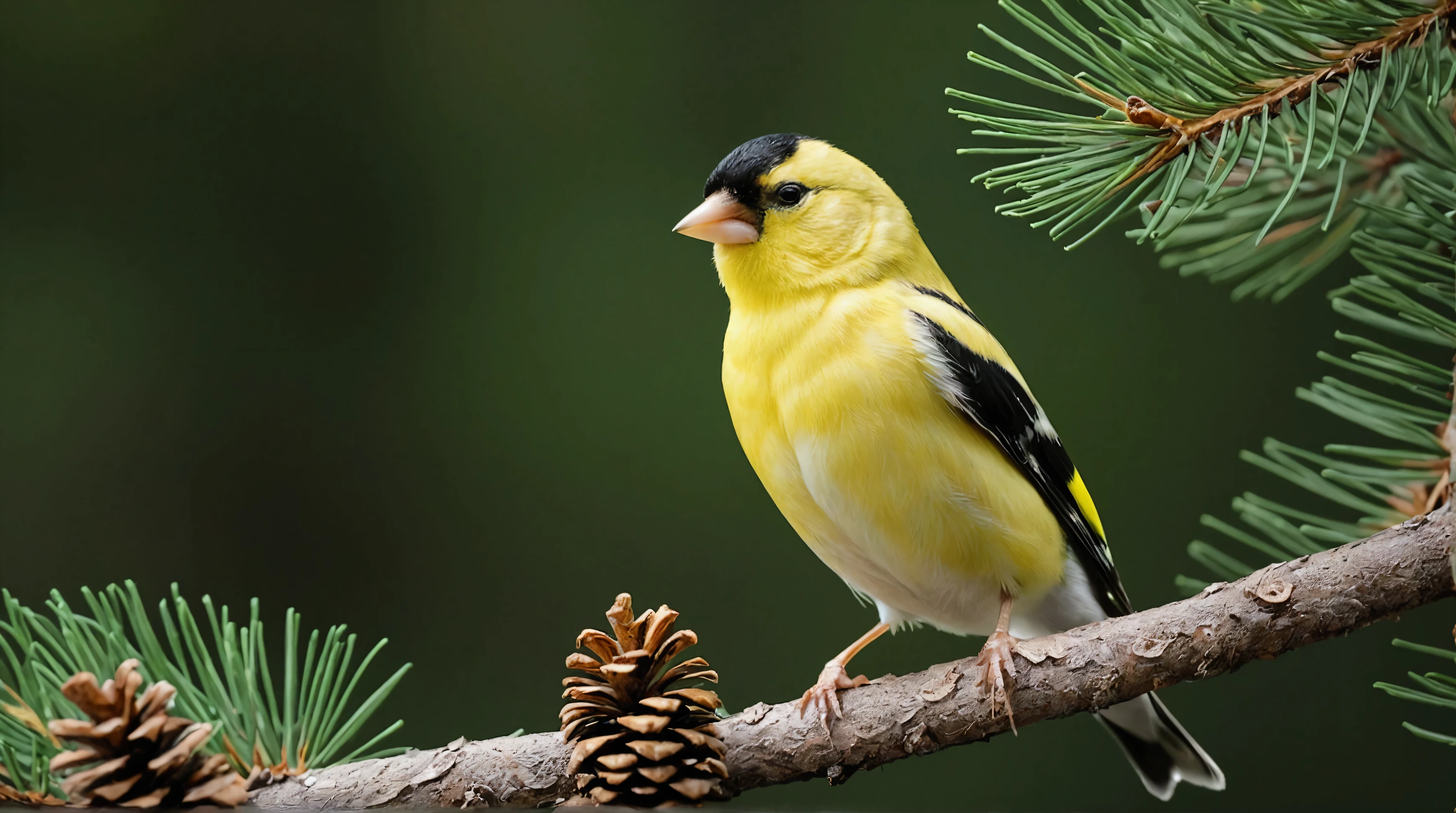 Ultra-high-definition 8K close-up photo of an American Goldfinch perched gracefully on a pine tree branch. The bird's vivid yellow feathers stand out beautifully against the lush green pine needles and the textured brown pine cones.