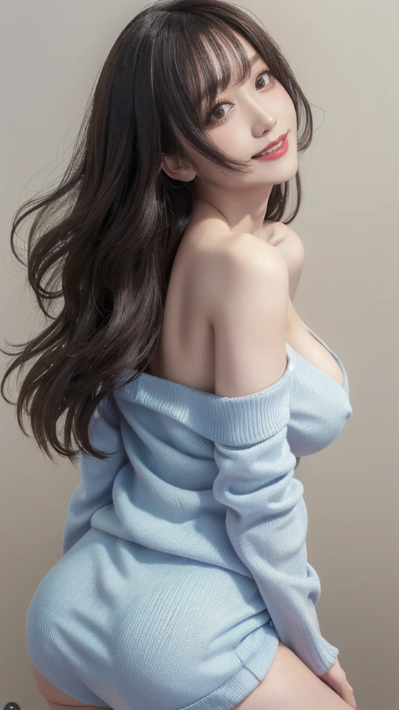 One girl, 独奏, High resolution, masterpiece, accurate, Anatomically correct, Winner of numerous awards, Highest quality, Damaged, High-resolution model, High detail, retina, Very detailed, Textured skin, Ultra high definition, movie light effect, movie, Movie shooting, clair obscur, Background blur, Everything detailed and exquisite、Complete human body、Correct human body、Perfect human body、Accurate human body、Detailed Background、exquisite background long hair, chest, (((ass pov))), View your audience, smile, large chest, Holding, Expose your shoulders, Brown eyes, Very long hair, Off the shoulder, Hair on one eye, sweater, Dutch Angle, vapour, ribbed sweater, Put your hands on your head, off-shoulder sweater、No underwear, highlighting big boobs、
((( light blue off, Love Hotel:1.8, Love Hotelのベッド、sexual temptation)))