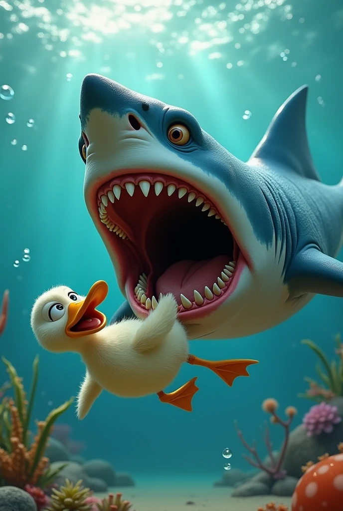 Shark with duck in mouth pixar angry face 
