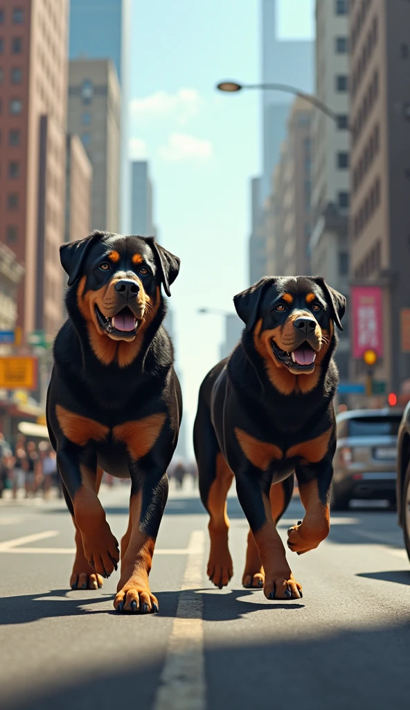 Two big dogs walk in the city.