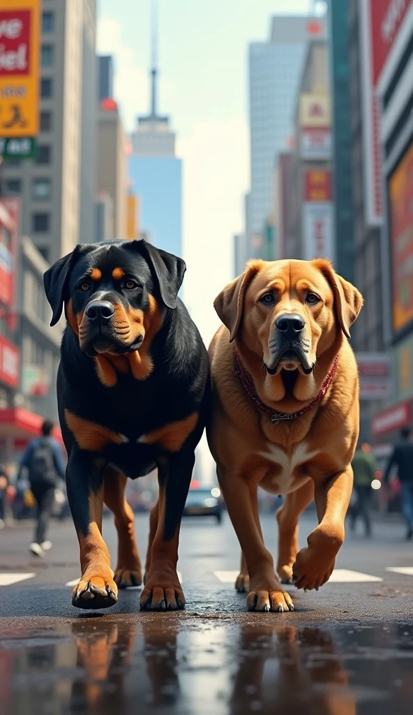 Two big dogs walk in the city.