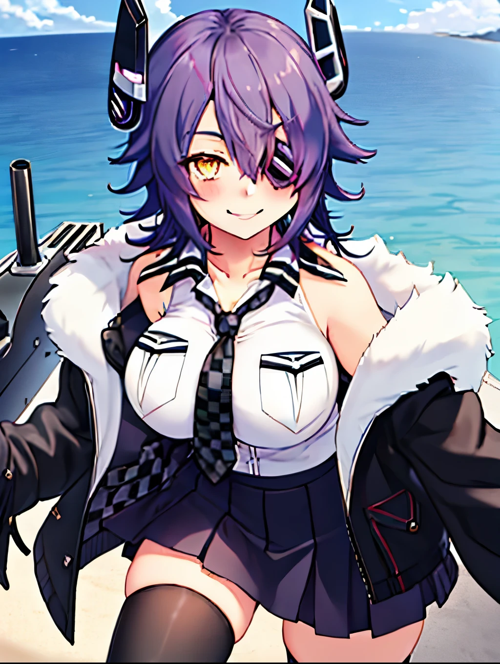 best quality, masterpiece, solo, {tenryuu_kantaicollection:1.15}, teen_girl, eyepatch, short_hair, purple_hair, yellow_eyes, headgear, breasts, necktie, large_breasts, smile, 1girl, blush, checkered_necktie, hair_over_one_eye, shirt, collared_shirt, white_shirt, jacket, sleeveless, brown_eyes, fur-trimmed_jacket, fur_trim, collarbone, looking_at_viewer, pocket, breast_pocket, ,, messy_hair, black_gloves, gloves, partially_fingerless_gloves,harbor_road_landscape_background,outdoor,short_skirt,thigh-highs,boots,sunlight,from_below,nihil,