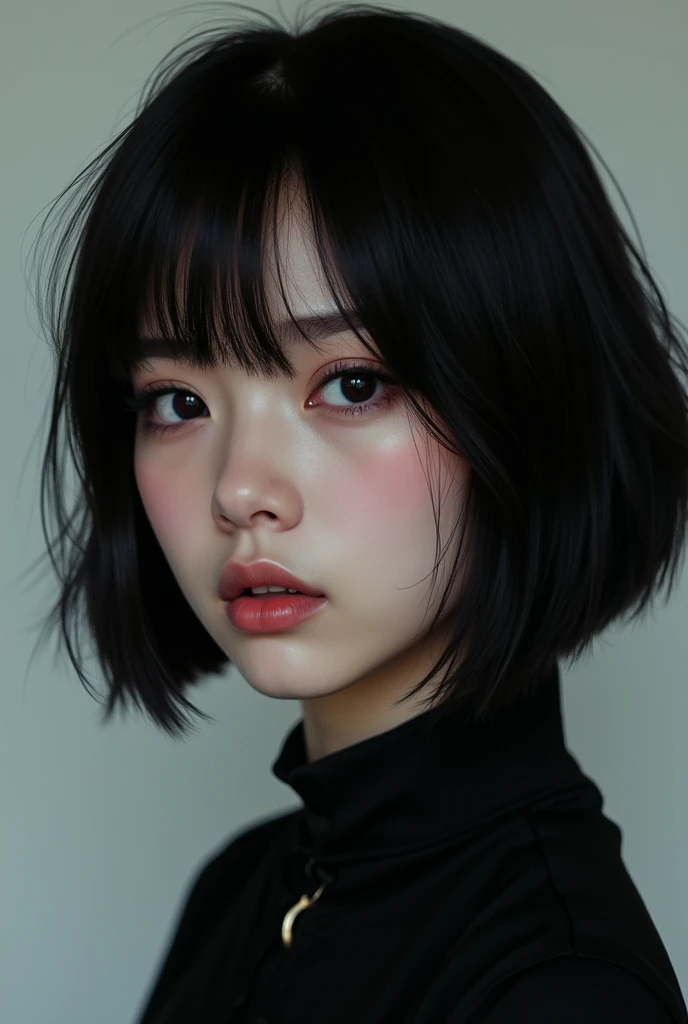 Asian girl with Billie evilish face with black hair
