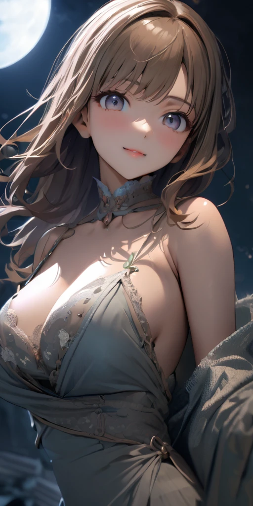 ((Highest quality、masterpiece、anime style、best quality、high resolution、8k、detailed、ultra-detailed:1.3))、Long legs:1.2, Beautiful woman with perfect figure:1.4、(Smiling:1.2), double eyelid、30-year-old female、((One Woman,beautiful face,Beautiful face、Japanes,night,upper body:1.2)),Big Breasts、High resolution, accurate, Anatomically correct, High-resolution model, high quality, Very detailed, Ultra high definition, Textured skin,((full moon,dynamic angle,looking at viewer,outdoor,dress:1.2)),starry skies