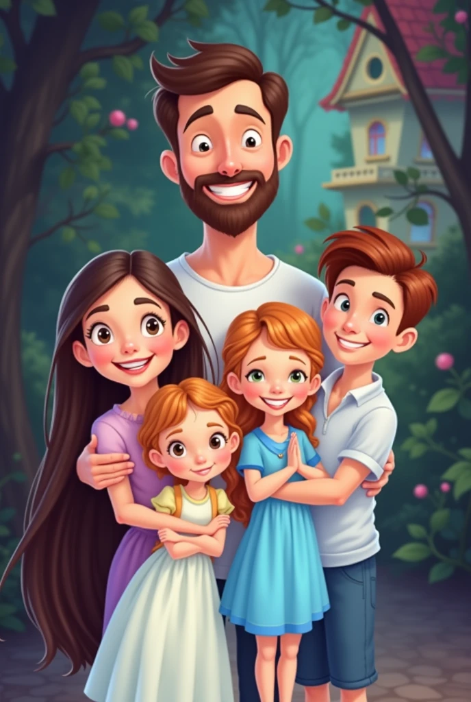 Use the same face of the man in the inspiration image, insert a woman into the scene, his wife and 3 children, everyone smiling like a happy family, use a house and trees as a background, create image in Disney character style
