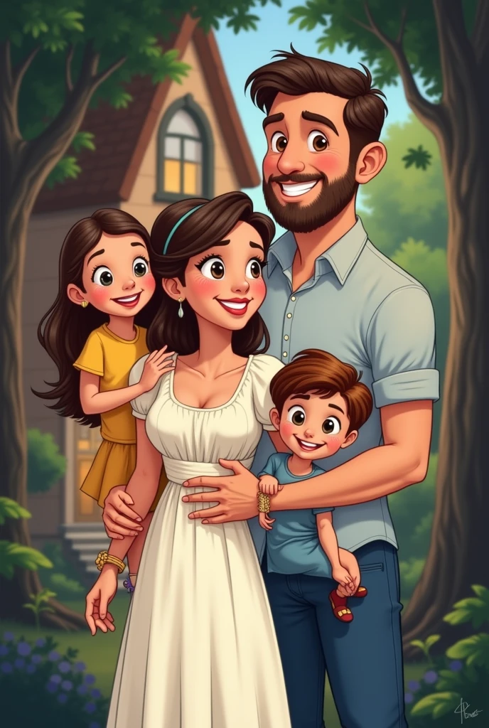 Use the same face of the man in the inspiration image, insert a woman into the scene, his wife and 3 children, everyone smiling like a happy family, use a house and trees as a background, create image in Disney character style