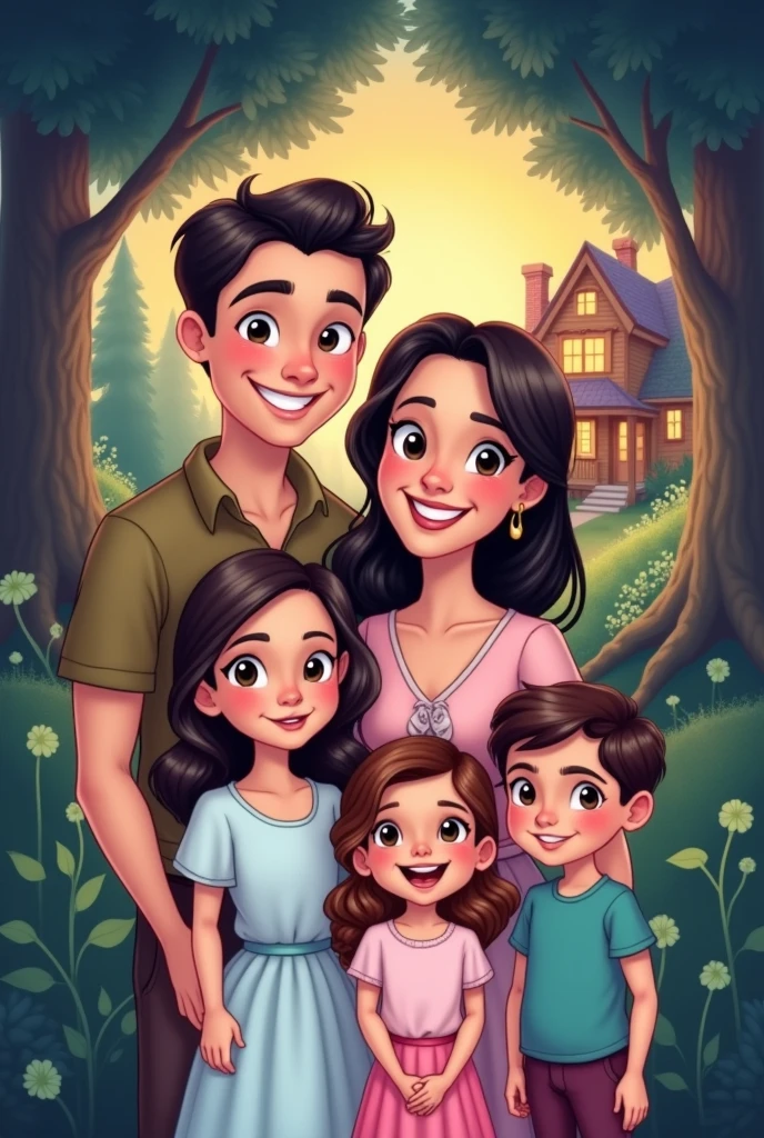 Use the same face of the man in the inspiration image, insert a woman into the scene, his wife and 3 children, everyone smiling like a happy family, use a house and trees as a background, create image in Disney character style