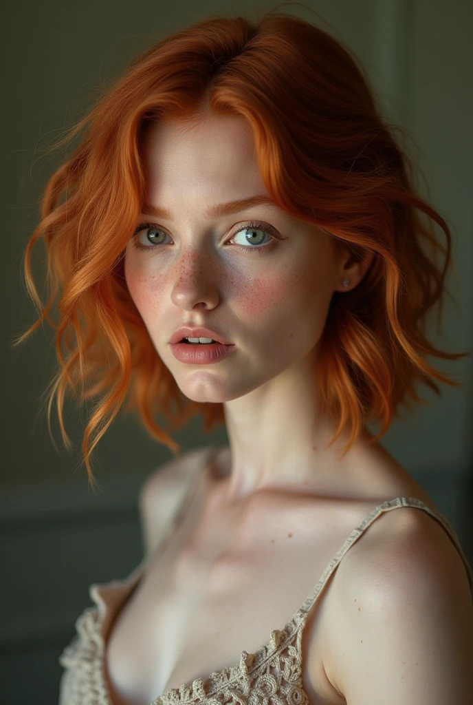 1 girl in, 19yearsold, standing alone, aesthetic art, irish redhead, wavy red hair, shoulder length red hair, grey-eyed, light gray eyes, some small freckles, pale skin, (cup b, medium breasts), runner's body, full body shot shot, (texturized skin, skin pore:1.1), (moles:0.8), imperfect skin, shiver, (extremely detailed 8k wallpaper), soft lighting, high qualiy, film grain, Sharp focus Fujifilm XT3, f5.6, 50mm, high détail, sharp focus,(naturallight), (seducer), touching your breasts, vagina with little hair , new ,realisitic, A sexy