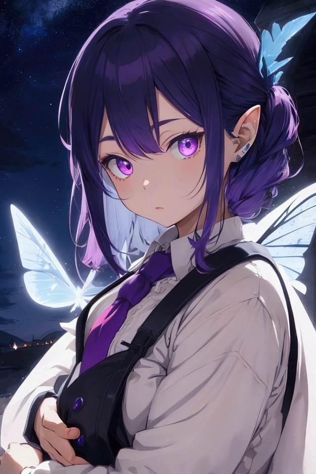 Woman with purple hair with black horns, Nordic clothing, elf ears, fuchsia pink eyes, carrying a male child with purple hair, blue eyes, with black horns and blue fluffy moth wings on his back, and still holding a man with pointed ears, blue hair and RAF blue skin, wearing a smart suit (white), robustly built, fine features on his face, with blue moth wings on his back, looking at the camera, detailed, at night , moon rays, background on the outside of a tundra, ultra detailed photography, 4k quality lighting, high resolution, masterpiece, anime style.