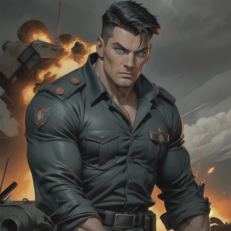 a muscular man with piercing blue eyes, chiseled jawline and determined expression wearing a military uniform in a World War II battlefield scene, dramatic cinematic lighting, intense action with explosions, gunfire, and war machinery, gritty textures, cloudy sky
