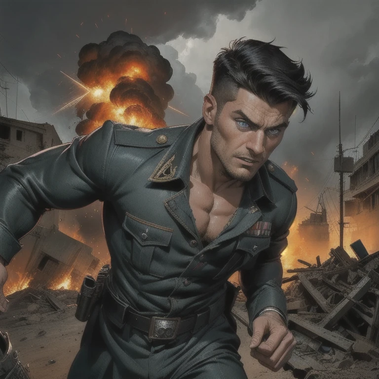 a muscular man with piercing blue eyes, chiseled jawline and determined expression wearing a military uniform in a World War II battlefield scene, dramatic cinematic lighting, intense action with explosions, gunfire, and war machinery, gritty textures, cloudy sky