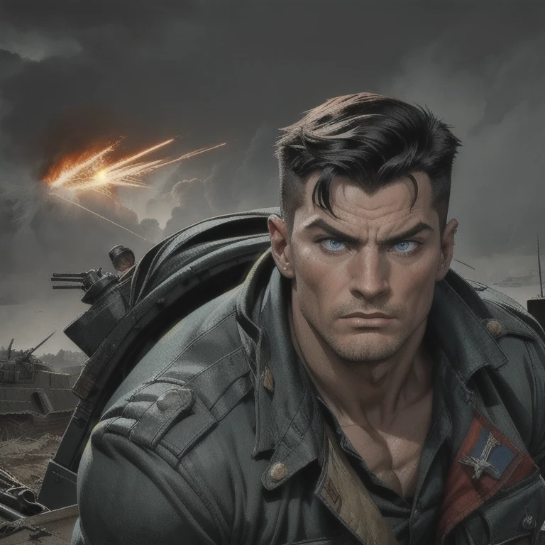 a muscular man with piercing blue eyes, chiseled jawline and determined expression wearing a military uniform in a World War II battlefield scene, dramatic cinematic lighting, intense action with explosions, gunfire, and war machinery, gritty textures, cloudy sky