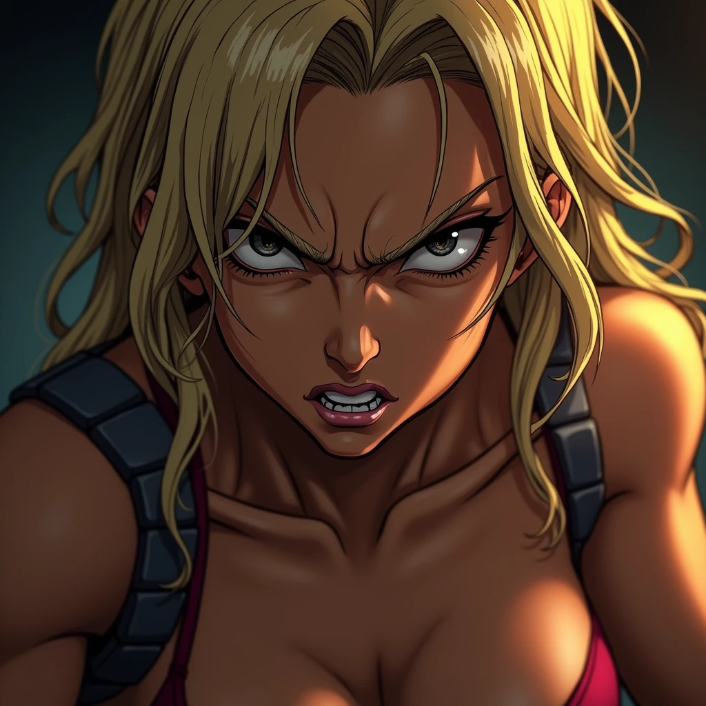 Cool woman、jojo's bizarre adventure style、Angry、dark face、Beautiful Eyes、Close-up in the eyes、Blonde、Muscular、Realistic people、Textured skin, movie, movie撮影, Simple Background