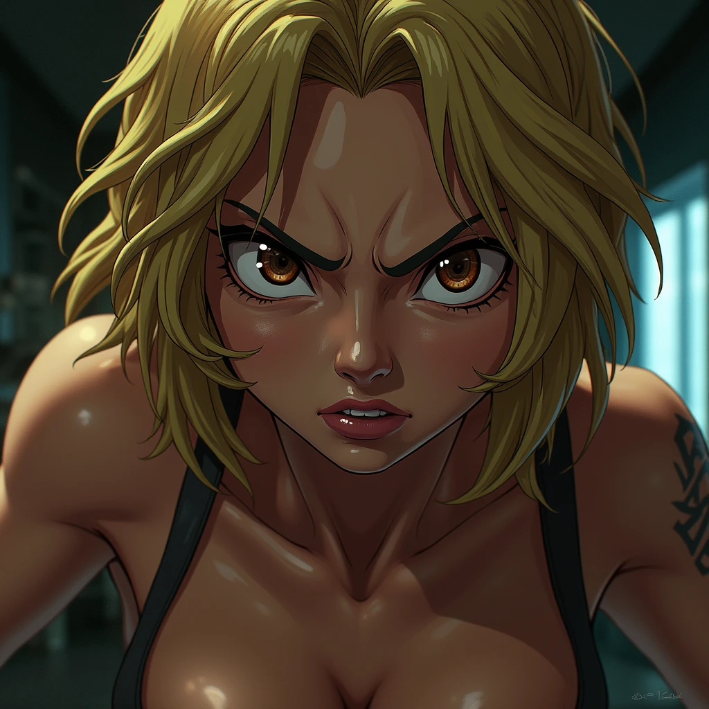 Cool woman、jojo&#39;s bizarre adventure style、Angry、dark face、Beautiful Eyes、Close-up in the eyes、Blonde、Muscular、Realistic people、Textured skin, movie, movie撮影, Simple Background