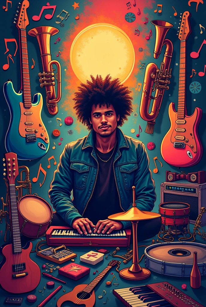 Image for the cover of my music-themed notebook with instruments and an artist in the background