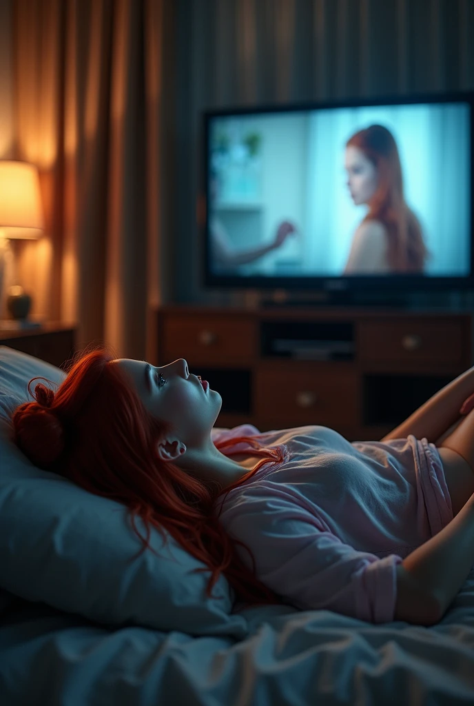 An attractive young woman with fair skin and red hair, long like a messy bun. she is lying on her back, in a hotel room watching a series in an RV, series. She wears pajamas. Her body is curvy, fleshy lips, with wide hips and a thin waist
