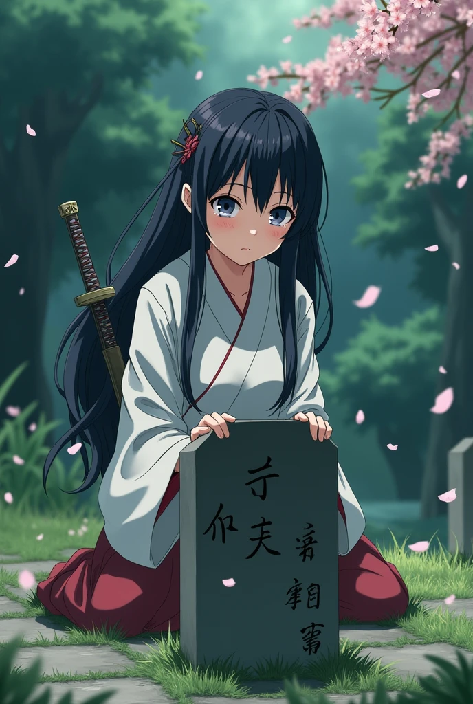 an anime girl in samurai clothes with her sword on her back crying on her knees in front of a tomb that says kauê