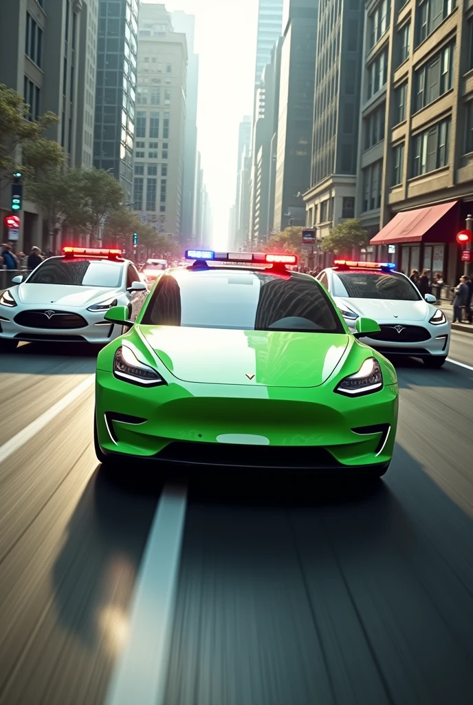 light green 4 door muscle car fassa running from police in teslas
