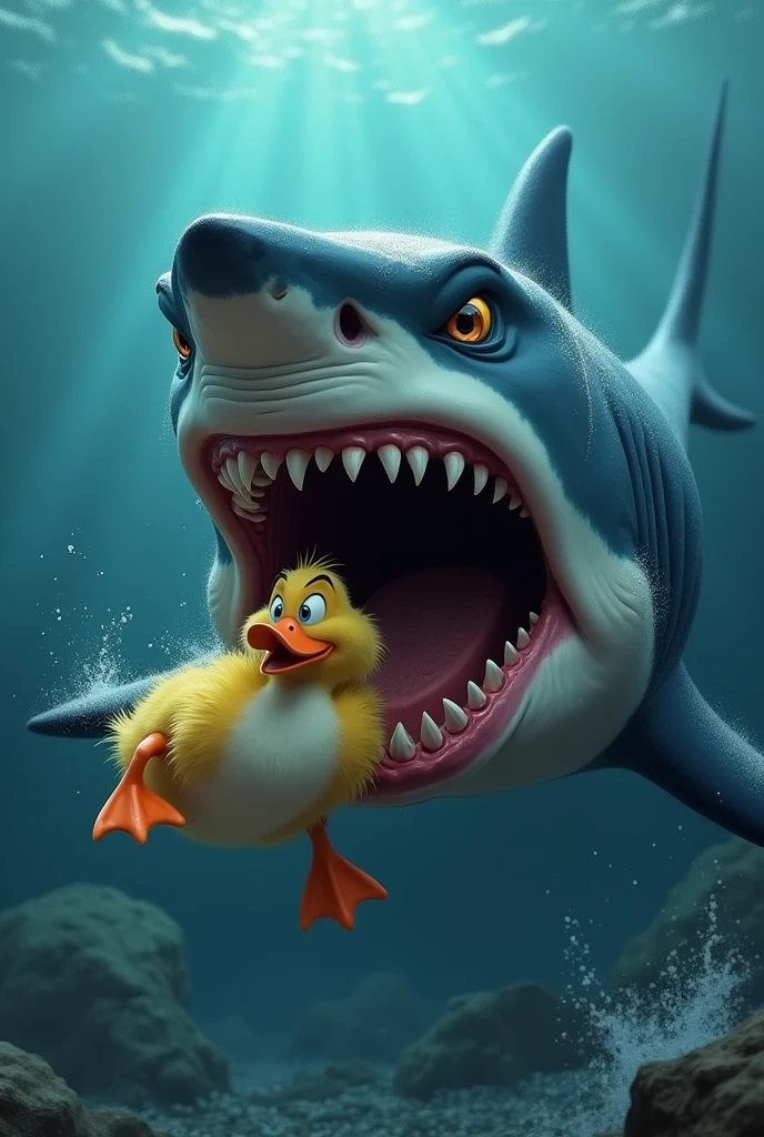 Shark with duck in its mouth Pixar angry face 
