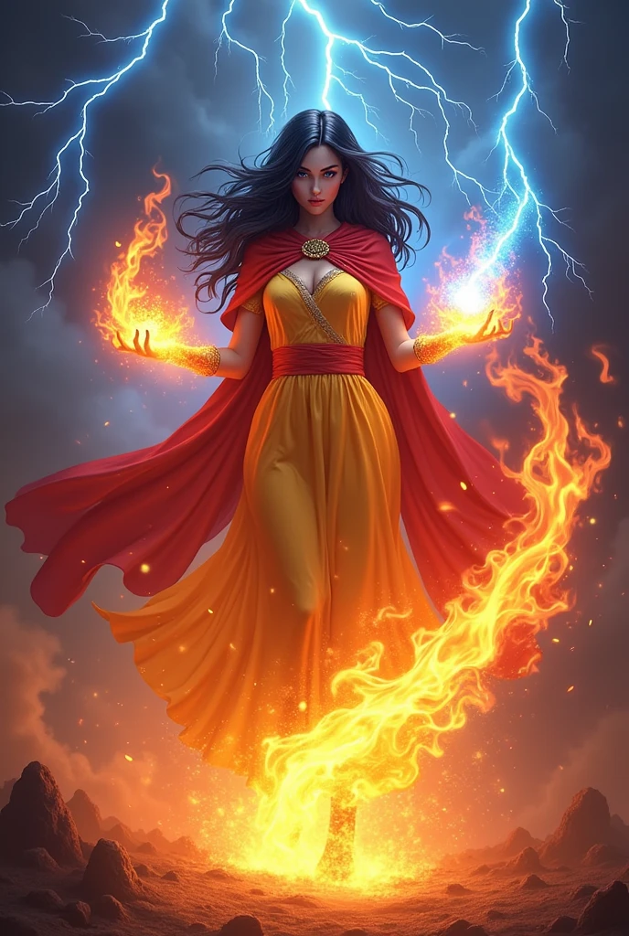 Davy of Fire, Blooming with Flame: black hair, blue eyes, yellow dress, scarlet cloak, Scarlet and blue flames emerge from the devi&#39;s hand and swirl around it; background starless sky, Ascending lightning