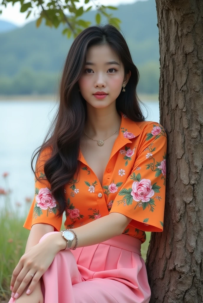 beautiful Korean woman, smooth white skin, well-groomed face, rambut panjang rumbai hitam poni,orange shirt combination pink floral motif,big rose wearing pink culottes skirt,sitting leaning under a big tree, looking at the camera, ditemani kucing anggora berukuran besar, background sungai biru mengalir, mountains and white clouds, full HD photos with clear contrast without defects, all over the body,Original photo,Realistic 
