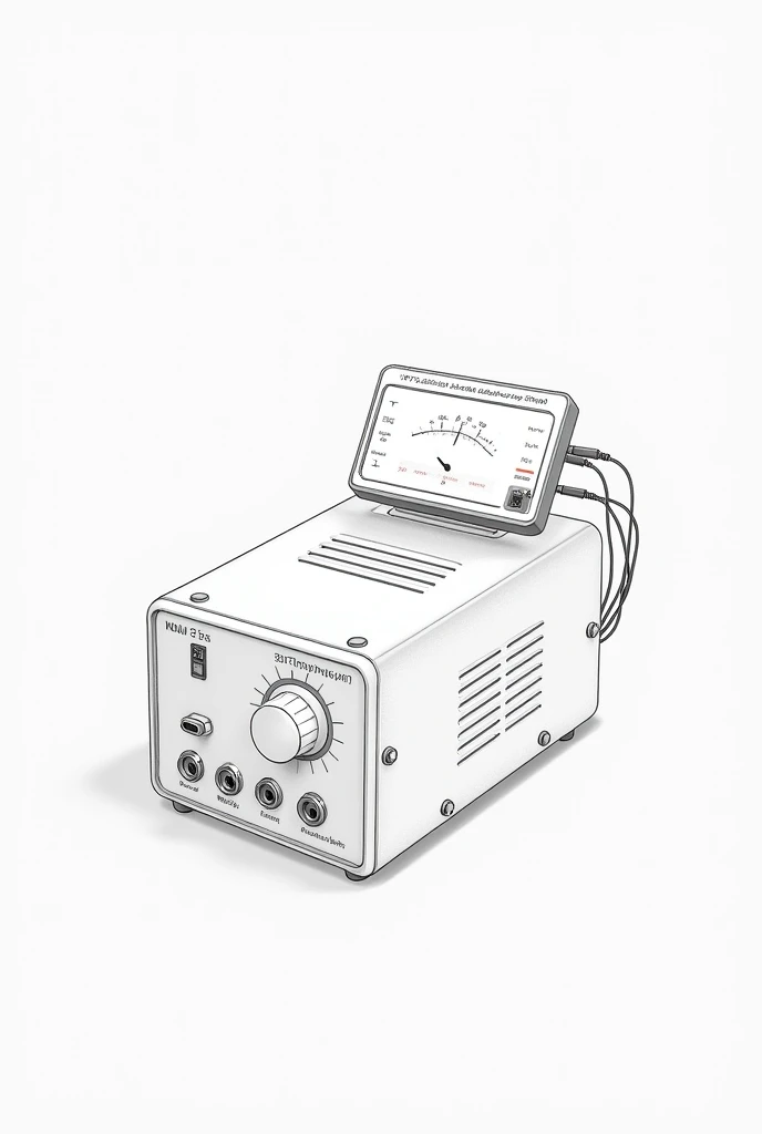 Photo or illustration of a 1V to 10v adjustable power supply in use, connected to a test device, like a multimeter or a dummy load. do this in drawing form and the source should be small with a potentiometer and 3 inputs 
