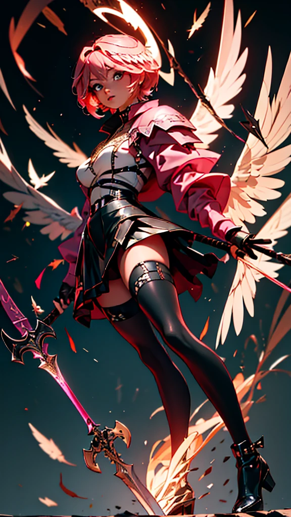 envision a 8k, highres, cinematic, beautiful full body concept art design sheet of a hawk woman with pretty mature features posing with a halberd with short pink hair, wings on head, a black shiny skirt, black tights, flight jacket, leather armor, magic effects in dark lighting, against a dark gray background