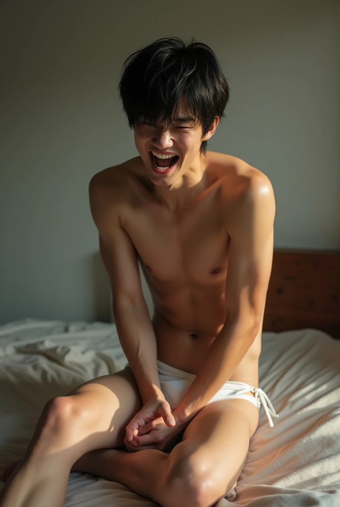 (Photorealistic:1.2、Highest quality、8k)、Sit with your legs wide apart、White Bikini、Looks like Sota Fukushi、Similar to Kentaro Sakaguchi、(Beautiful 1 boy、Man with beautiful face、Face enduring severe pain、Crying with a big mouth open )、Crying and holding his testicles with both hands、Sexual charm、Rape、sexual torture、Sexually attractive、Crushing a man's crotch、Big penis、Grabbing the man's crotch hard、Gripping a man's crotch、Scream in pain、Sexy posture、Sweat、、A brutal lynching、Brutal Lynching、Severe pain、The man is a black-haired Japanese man.、A beautiful face like a woman、Handsome、Erotic Pose、The rope is digging into her crotch、Full nudity、I'm not wearing anything、Actor、Naked、muscle、(Sweat:1.2)、Fine skin、(Film lighting)、Bright light、The lighting is bright、Bright room、Stripped naked、、double eyelid、(Fascinating crotch)、((excited))、Six Pack Abs、Phimosis、