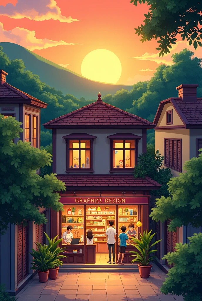 Graphics design shop in small Indian
street , greenary hill background, evening orange
sky anime