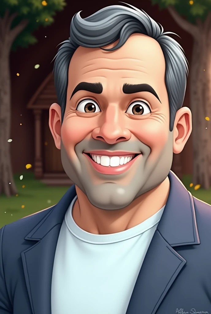 Use the same face of the man in the inspiration image, insert a woman into the scene, his wife and 3 children, everyone smiling like a happy family, use a house and trees as a background, create image in Disney character style