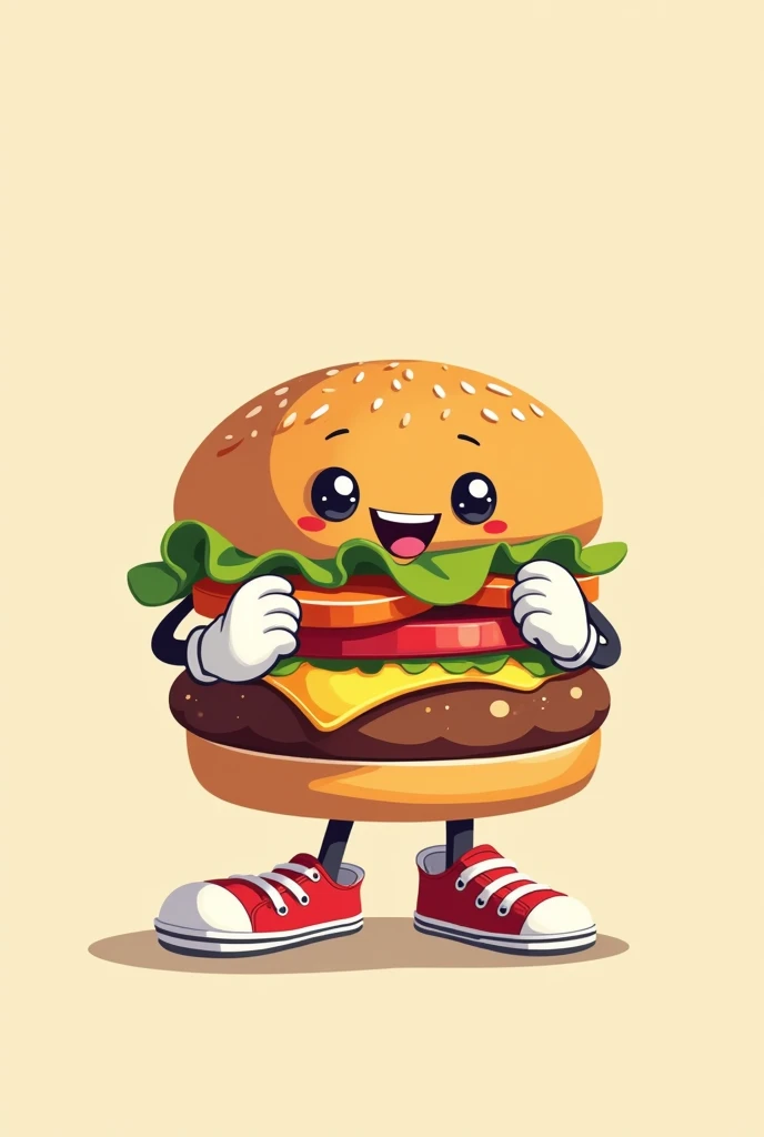Simple 2D burger with cartoon face, hands with white gloves and feet with tennis shoes