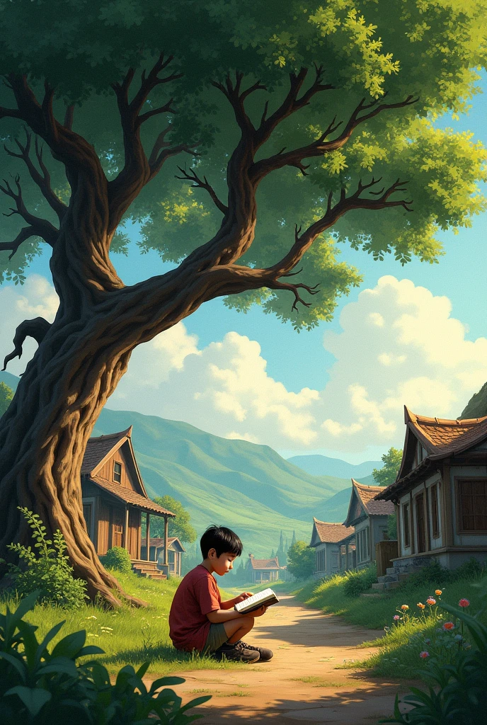 In cinematic real story "
Village Scene: A humble village with modest houses, lush greenery, and a large, old tree where a young boy sits studying"