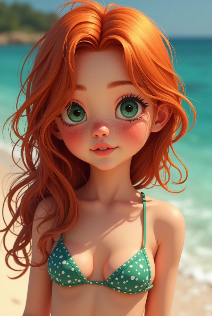 realistic, young girl, child, red hair, freckles, bikini