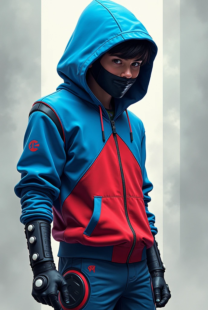 Sky blue and red teenager espaiderman With a sweatshirt that has a cap, with black gloves with a white circle on the palm of the hand , (that has a mask)