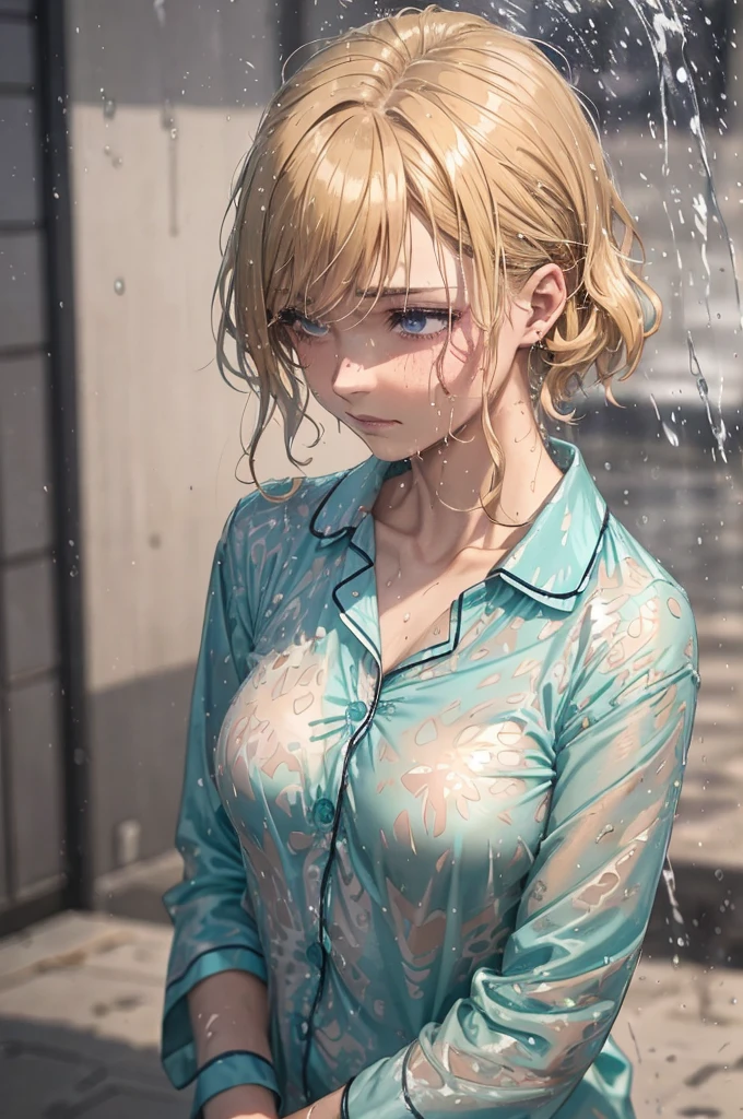 ((Teal coloured pyjama shirt)), 1girl, raining heavily, (patterned pyjamas), outside, short caramel-blonde hair sticking to her face, depressed purple eyes, teal coloured pyjama shirt, nighttime, very dark, soaking wet, wet through, wet clothes, almost naked, small breasts, outside at nighttime, in the streets, dark background, dark, very dark night, realistic colour, 1 colour shirt, soaking wet pyjamas, wet though, dripping wet, a hint of nipples,