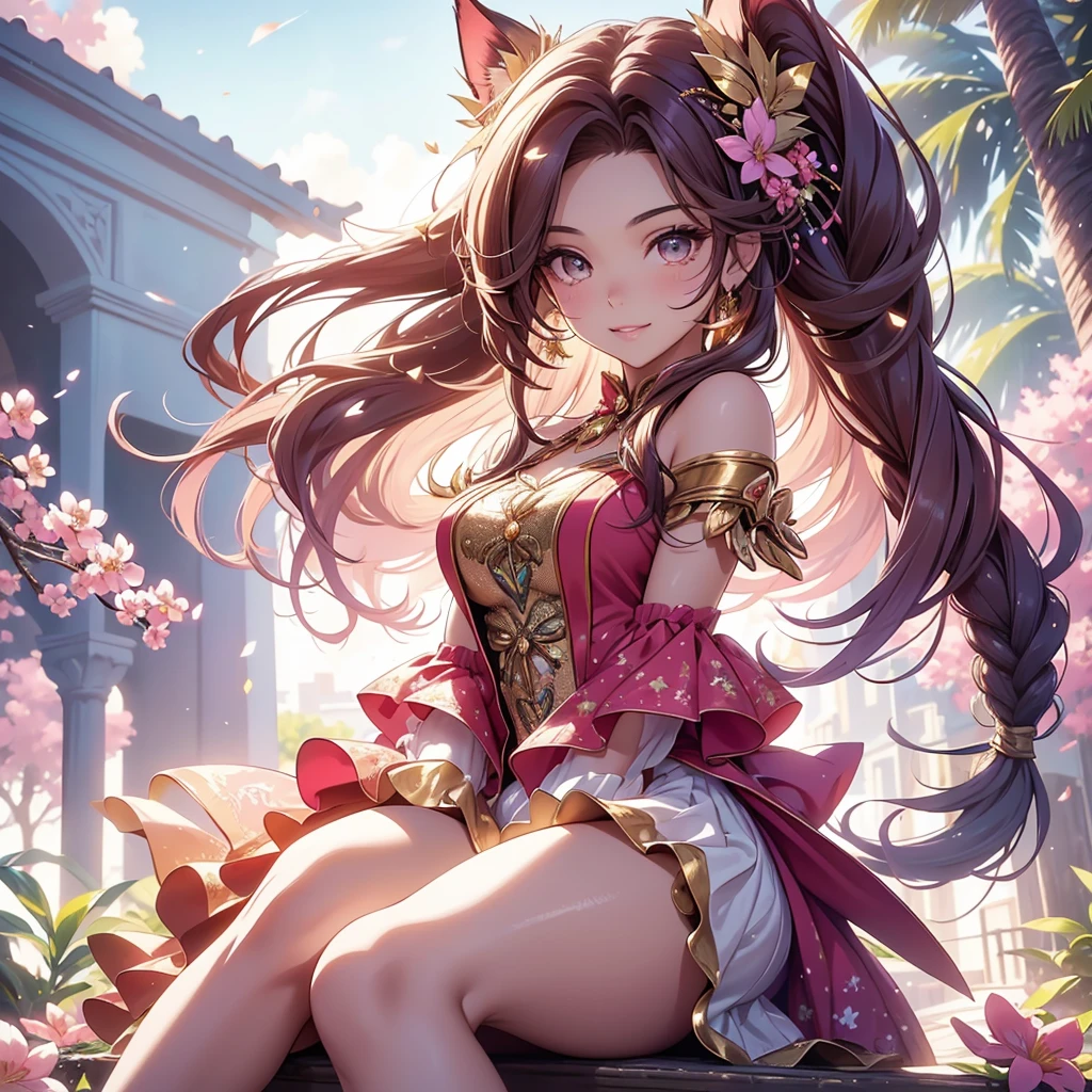 (best quality,4k,8k,highres,masterpiece:1.2),ultra-detailed,(realistic,photorealistic,photo-realistic:1.37),acrylic painting,beautiful Brazilian model in a bright pink teal outfit with downy hair,beautiful Brazilian model with extremely colorful brown hair and detailed facial features,beautiful Brazilian model standing in a beautiful garden surrounded by a starry sky,beautiful Brazilian model wearing a vibrant outfit,beautiful Brazilian model with intricate accessories,cat ears, ,beautiful Brazilian model with long flowing twintails,beautiful Brazilian model with bright brown eyes and rosy lips,beautiful Brazilian model with a joyful expression,beautiful Brazilian model in a dynamic pose with cherry blossoms falling around her,beautiful Brazilian model surrounded by colorful flowers and butterflies,beautiful Brazilian model's outfit adorned with cute bows and lace details red and gold,beautiful Brazilian model with an enchanting smile,beautiful Brazilian model with soft, pastel-colored shading,beautiful Brazilian model with a magical glow illuminating her,beautiful Brazilian model in a picturesque setting with a winding path leading to a magnificent castle,beautiful Brazilian model with a fairytale-like background,beautiful Brazilian model with a soft, dreamy atmosphere,beautiful Brazilian model with a subtle bokeh effect,beautiful Brazilian model standing under a sunny sky,beautiful Brazilian model with a warm, golden sunset in the background,beautiful Brazilian model surrounded by twinkling stars and colorful nebulae,creating an ethereal and captivating artistic masterpiece, sitting down, facing camera, portrait, blouse school uniform outfit, covered top