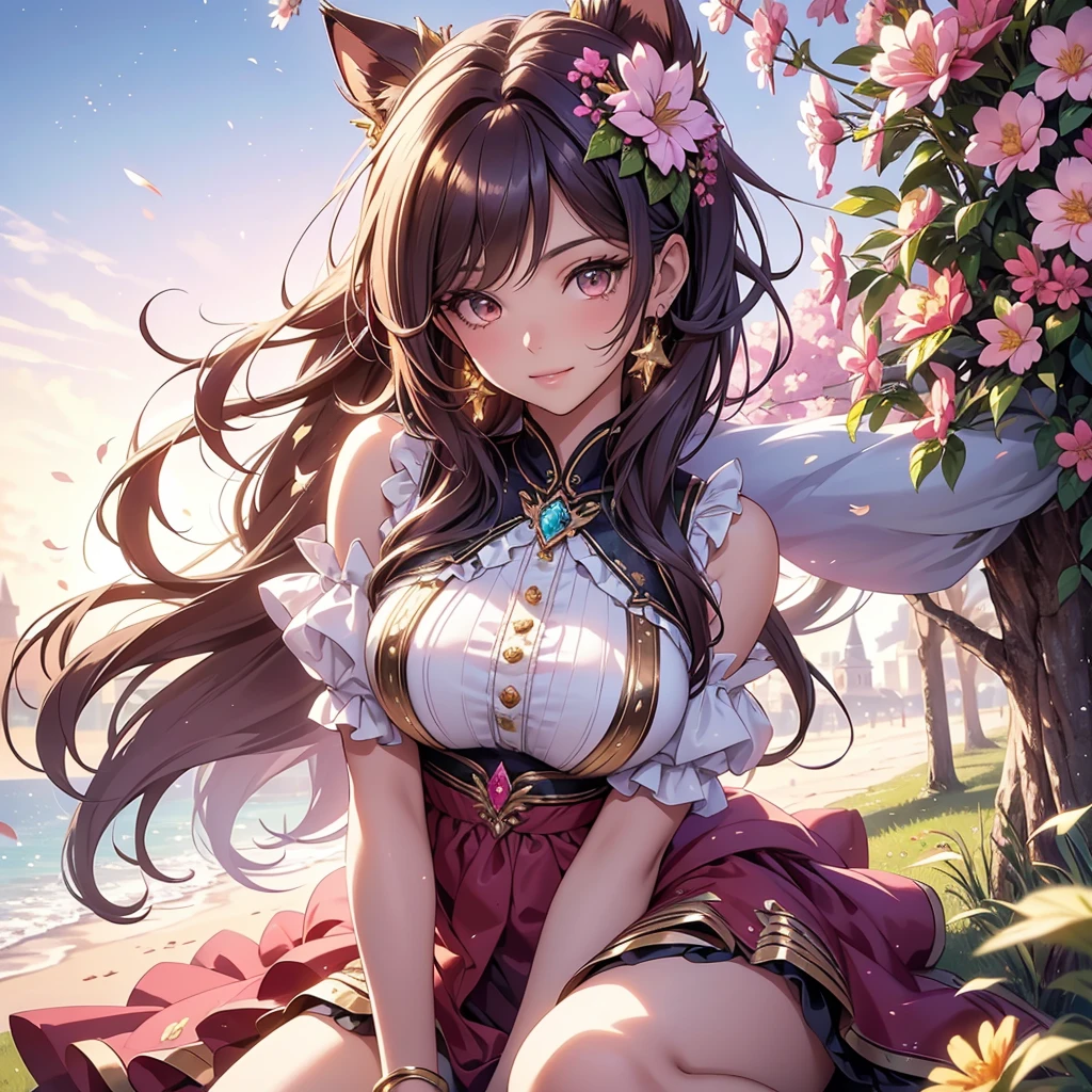 (best quality,4k,8k,highres,masterpiece:1.2),ultra-detailed,(realistic,photorealistic,photo-realistic:1.37),acrylic painting,beautiful Brazilian model in a bright pink teal outfit with downy hair,beautiful Brazilian model with extremely colorful brown hair and detailed facial features,beautiful Brazilian model standing in a beautiful garden surrounded by a starry sky,beautiful Brazilian model wearing a vibrant outfit,beautiful Brazilian model with intricate accessories,cat ears, ,beautiful Brazilian model with long flowing twintails,beautiful Brazilian model with bright brown eyes and rosy lips,beautiful Brazilian model with a joyful expression,beautiful Brazilian model in a dynamic pose with cherry blossoms falling around her,beautiful Brazilian model surrounded by colorful flowers and butterflies,beautiful Brazilian model's outfit adorned with cute bows and lace details red and gold,beautiful Brazilian model with an enchanting smile,beautiful Brazilian model with soft, pastel-colored shading,beautiful Brazilian model with a magical glow illuminating her,beautiful Brazilian model in a picturesque setting with a winding path leading to a magnificent castle,beautiful Brazilian model with a fairytale-like background,beautiful Brazilian model with a soft, dreamy atmosphere,beautiful Brazilian model with a subtle bokeh effect,beautiful Brazilian model standing under a sunny sky,beautiful Brazilian model with a warm, golden sunset in the background,beautiful Brazilian model surrounded by twinkling stars and colorful nebulae,creating an ethereal and captivating artistic masterpiece, sitting down, facing camera, portrait, blouse school uniform outfit, covered top