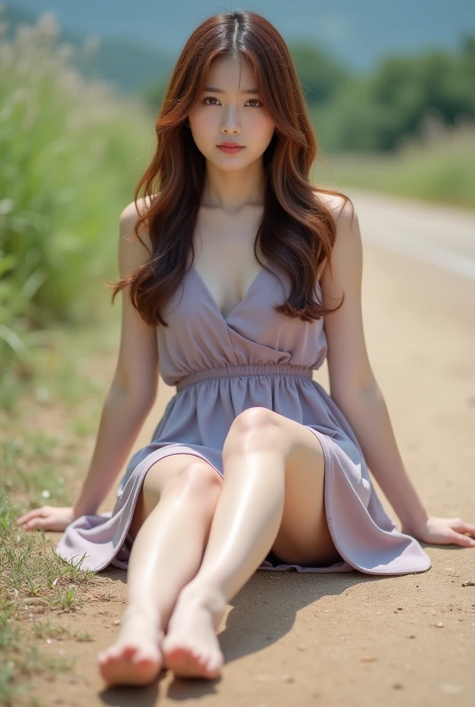 A beautiful korean girl,brown hair,short dress, laing on the ground outside on dirt, full body,showing her feet closer photo 