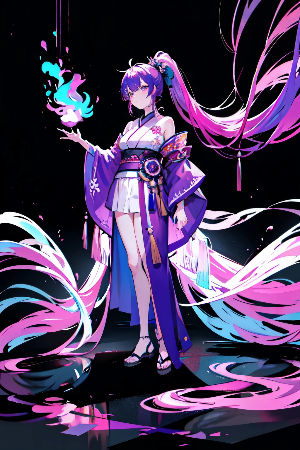 masterpiece, full body, long magenta ponytail hair, clean eyes, challenging samurai female standing side at view, wear turquoise kimono detailed, soft shadows, dim light, bioluminescent colors, simple dark background with lrim light bubbles floating