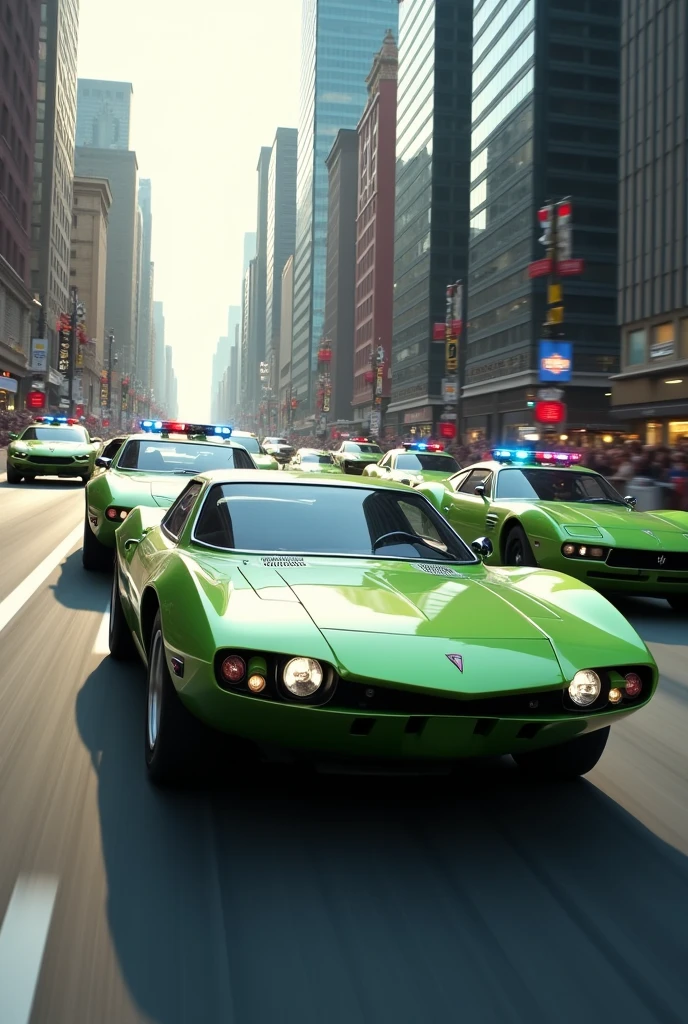 light green 4 door muscle car fassa running from police in teslas
