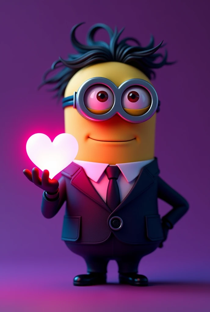 a minion with black hair with a heart in his hand and a men's formal suit on a purple background