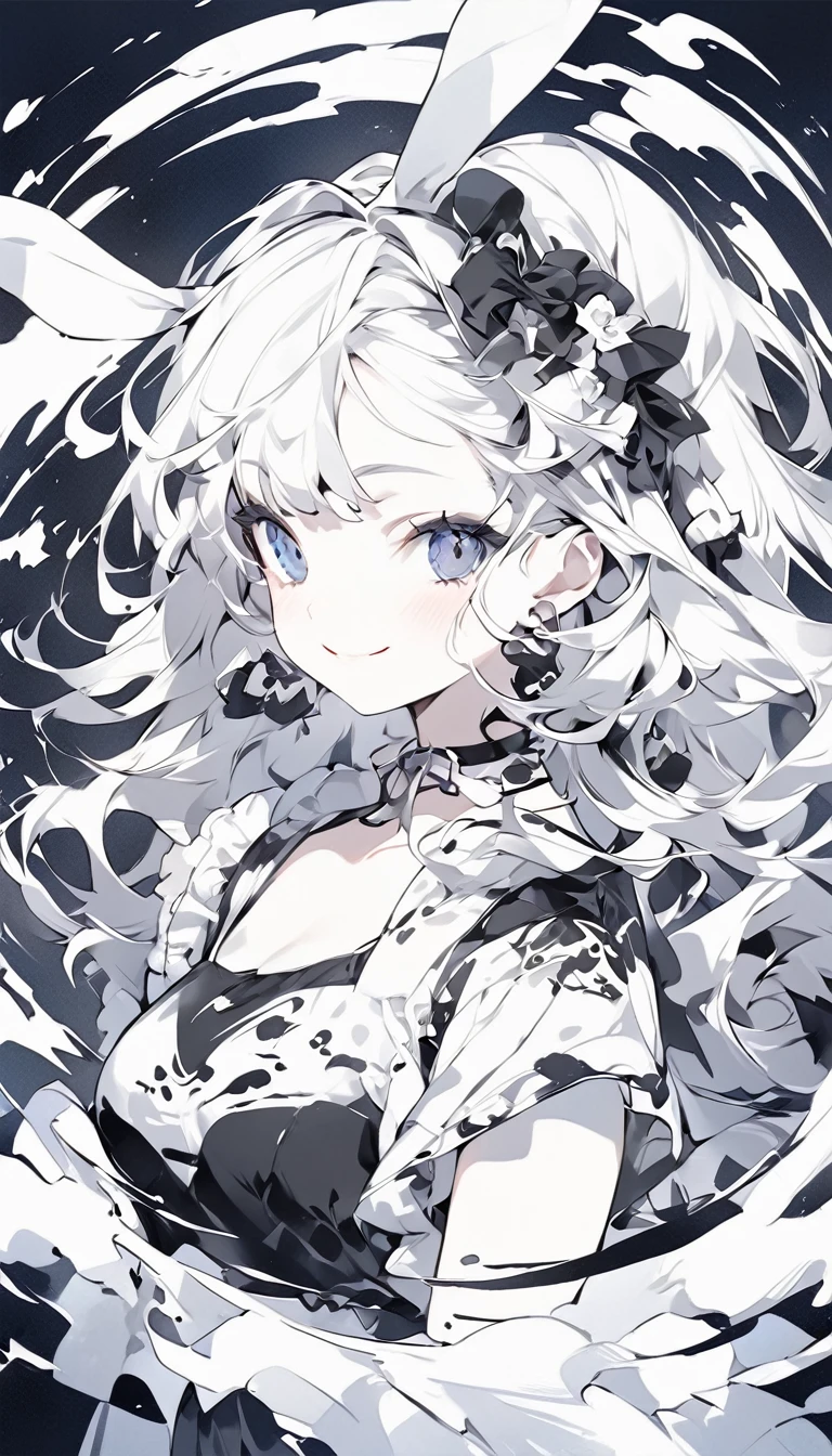 Create digital artwork in Pop Art style, ink style, draw with black ink on white paper, we pay attention to every detail of the smiling bunny girl.。, street fashion, surrounded by retro bunny pattern, black and white brush strokes, emotions should be dynamic.、Upper body、~ ~ side、、shape、black and white ink、fine ink line、Brush strokes are very detailed and dynamic、Use precise lines to express shadows、delicate and precise expression、Modern art 、Different stroke styles，Each has its own advantages and disadvantages、